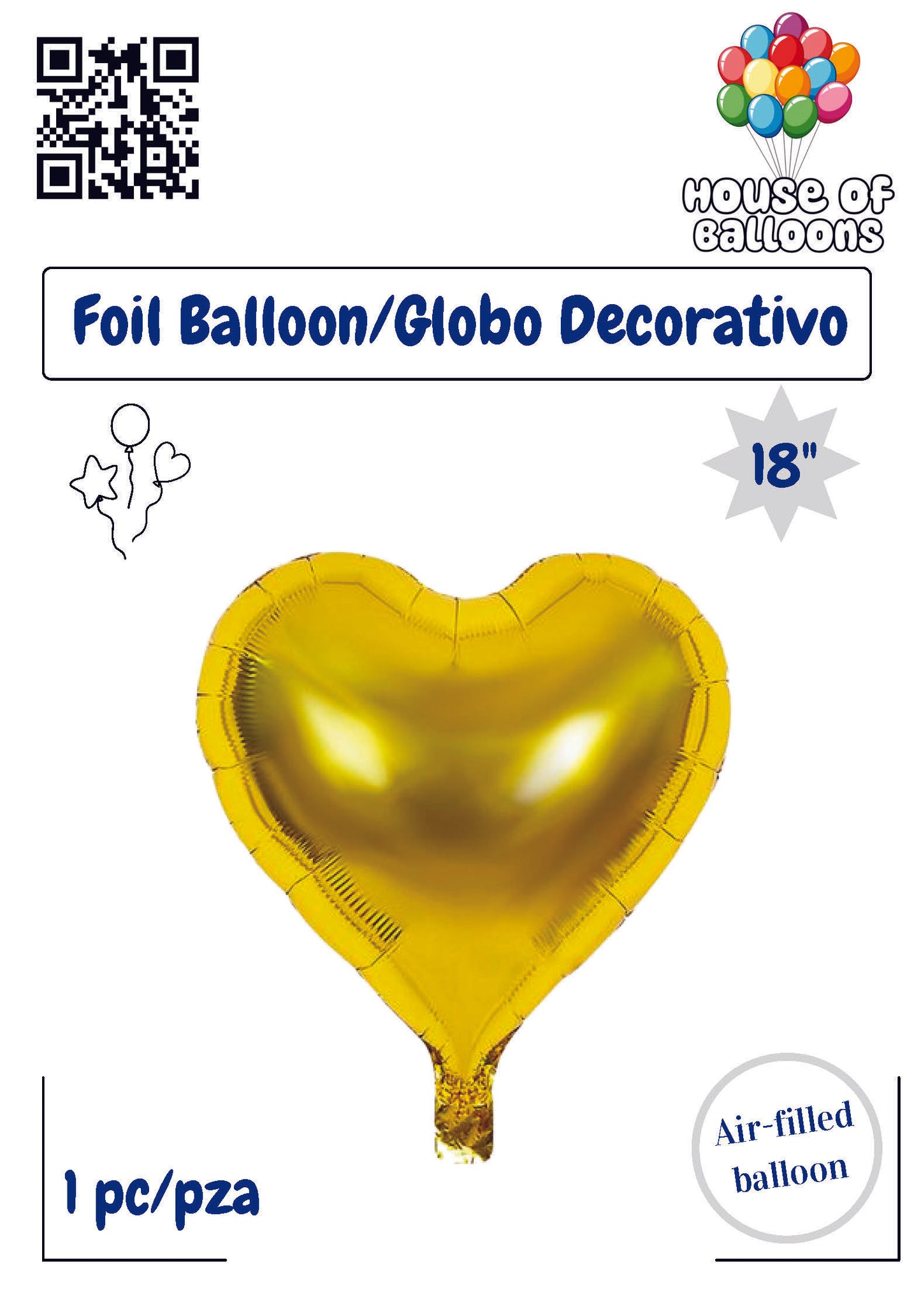 Shiny gold foil balloon in the shape of a heart, 18 inches tall, air-filled.