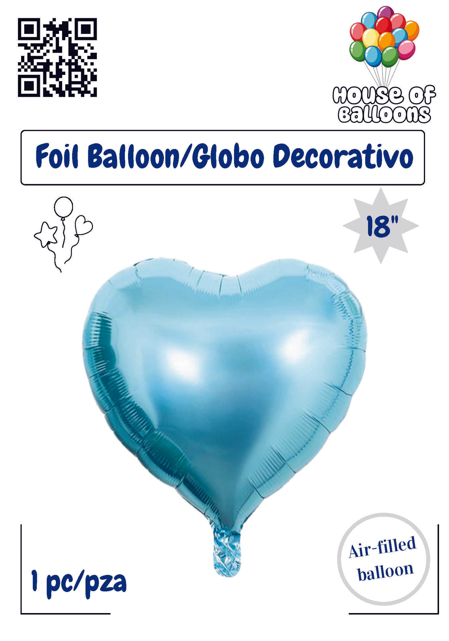 Powder blue heart-shaped foil balloon, 18 inches, shiny surface, air-filled design.