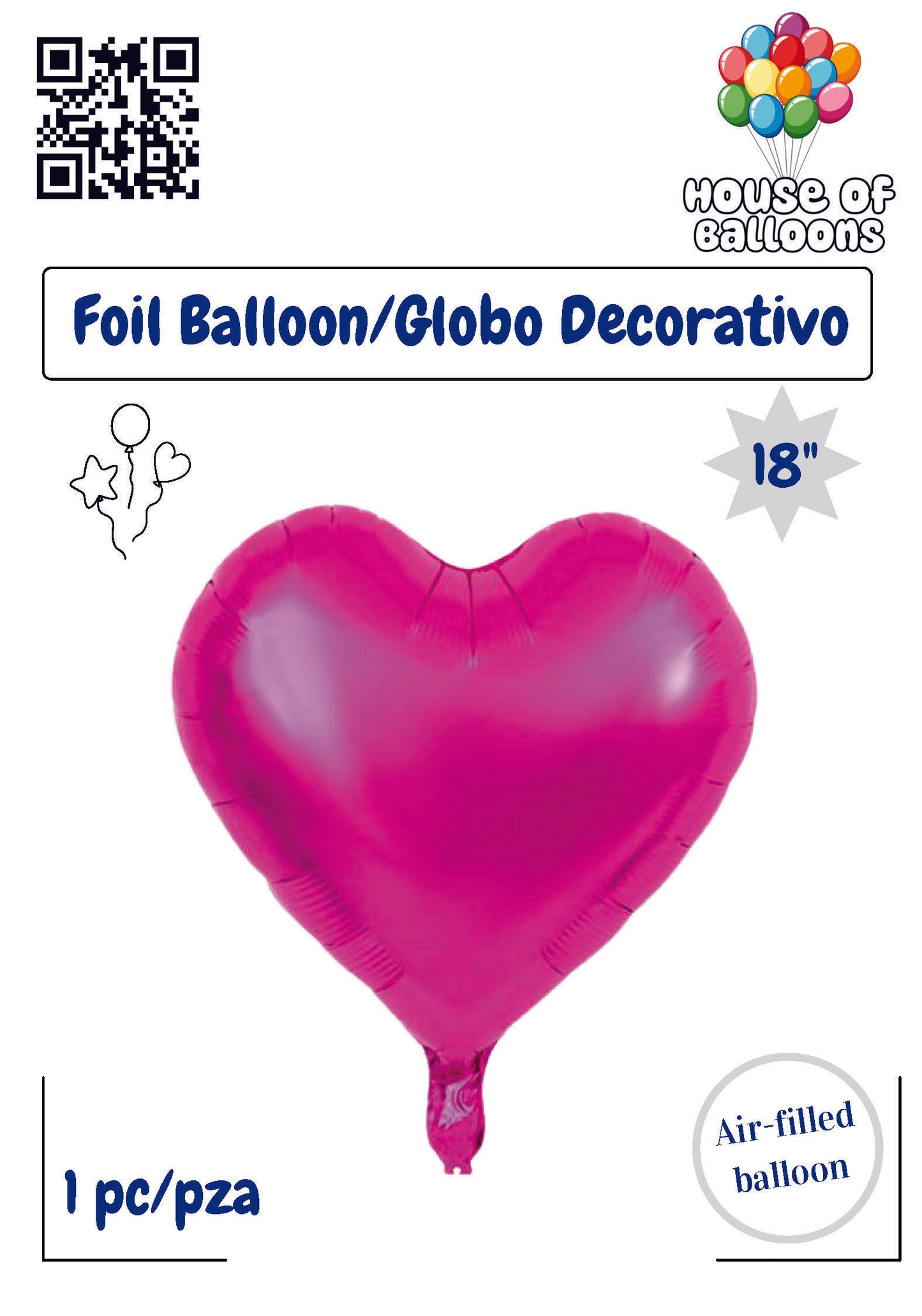 Pink heart-shaped foil balloon, 18 inches, glossy surface, air-filled decoration.