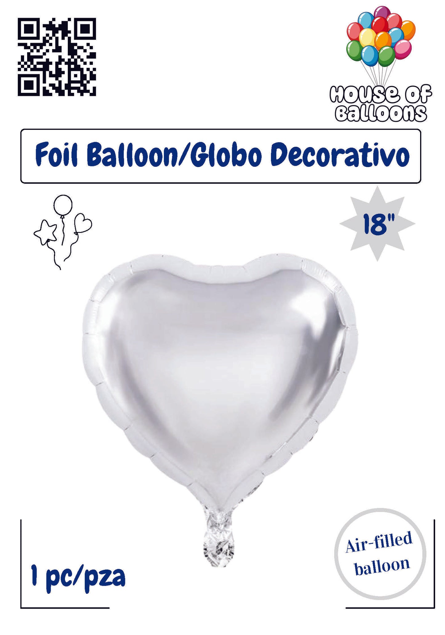 18-inch silver heart-shaped foil balloon with glossy finish and air-fill valve.