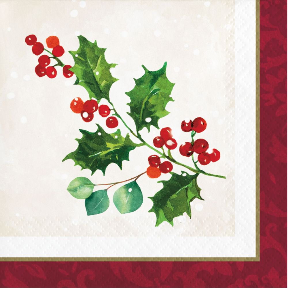 Square white beverage napkin with watercolor-style holly leaves and red berries, red border with subtle leaf pattern.
