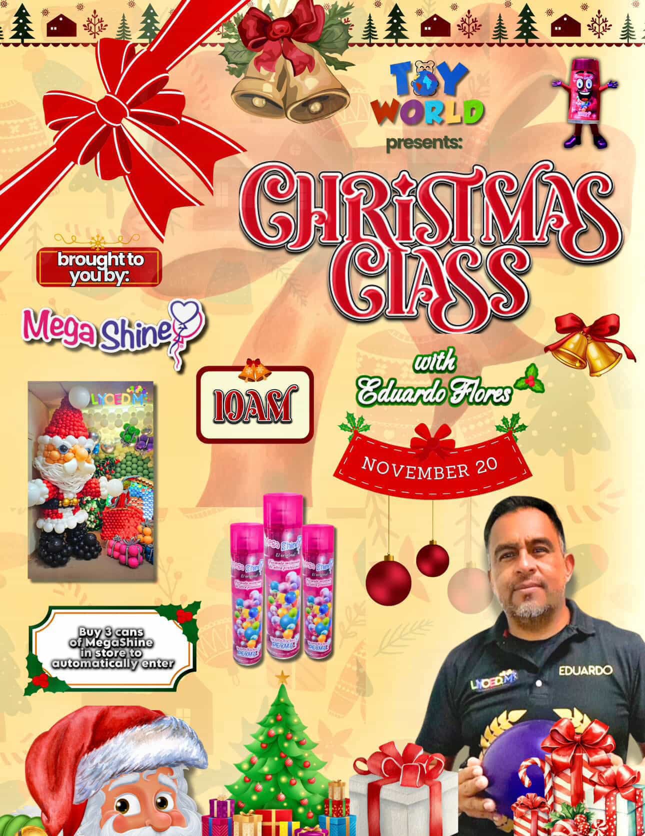 Colorful Christmas-themed toy set packaging with festive decorations and a man holding a shiny toy ball.