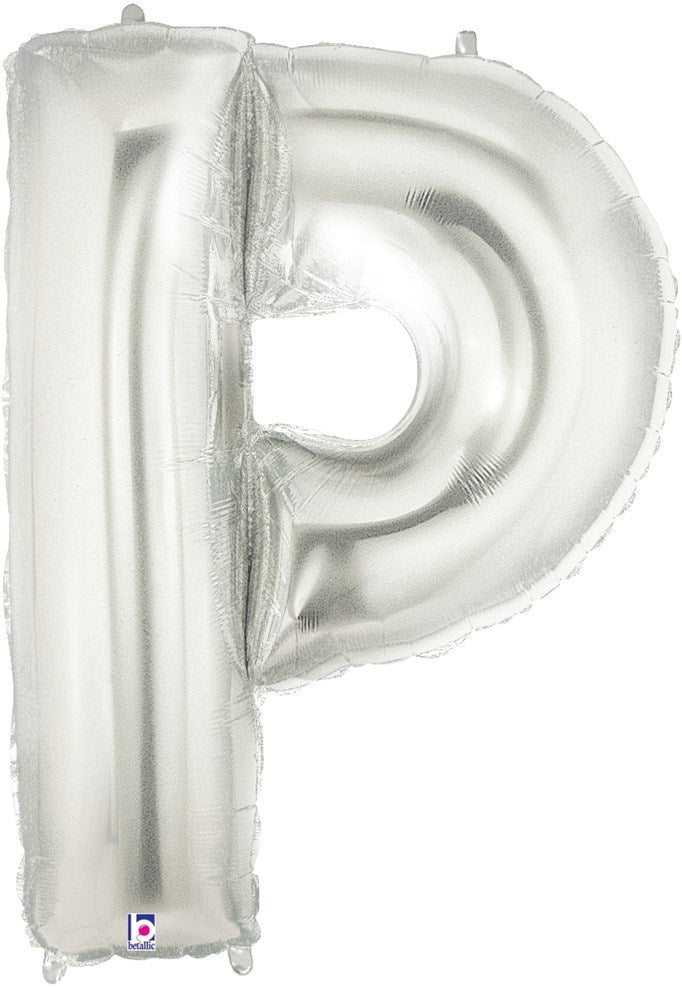 34-inch silver foil balloon shaped like the letter P with smooth, shiny surface.