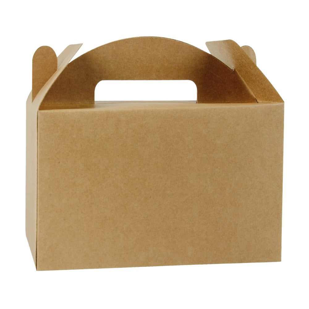 Brown kraft paper treat box with a built-in handle and tuck flaps for closure.