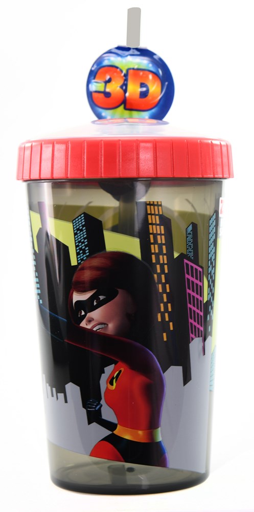 16.5oz plastic tumbler with red lid, featuring Elastigirl from Incredibles 2 against cityscape background.