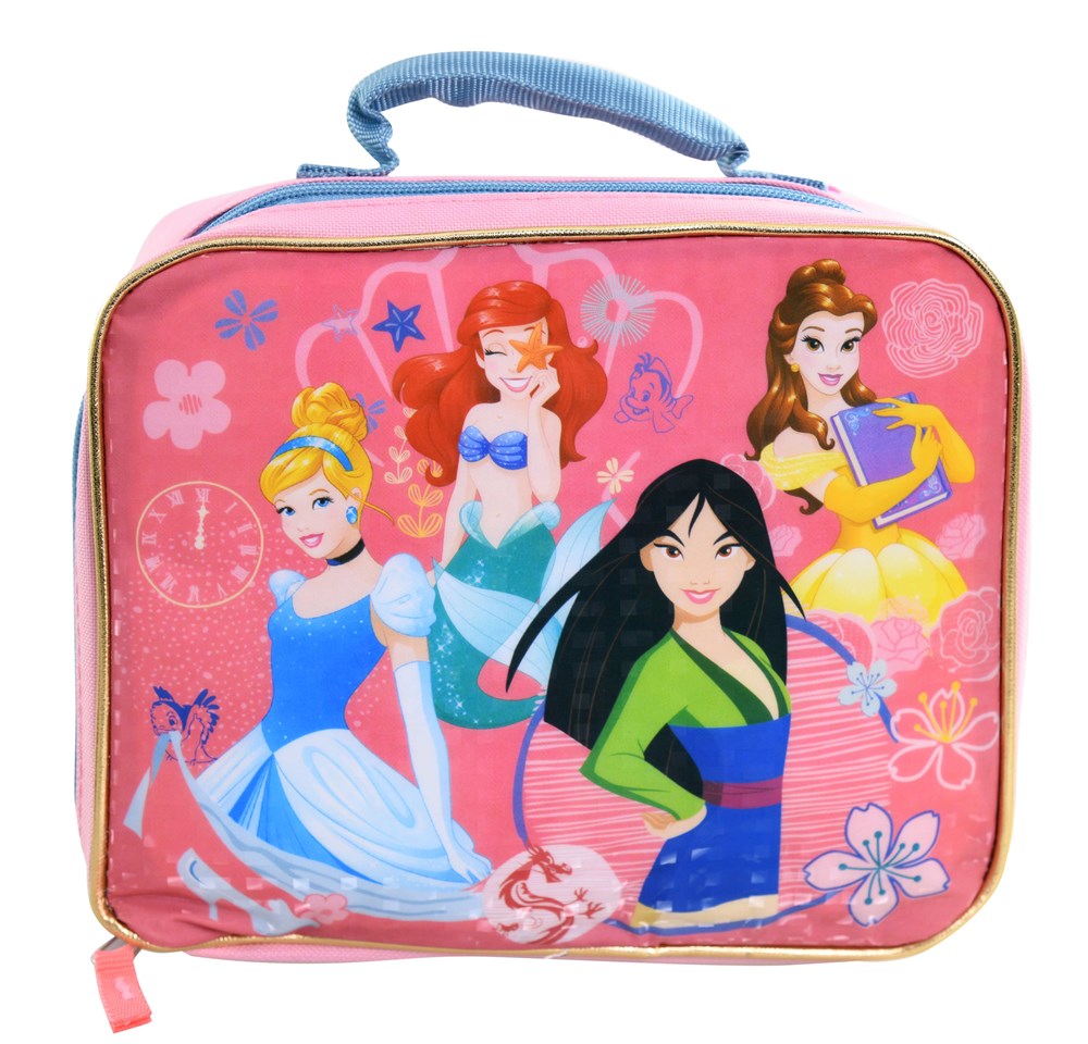 Pink rectangular lunch bag with blue handle, featuring Disney princesses Cinderella, Ariel, Mulan, and Belle with floral and