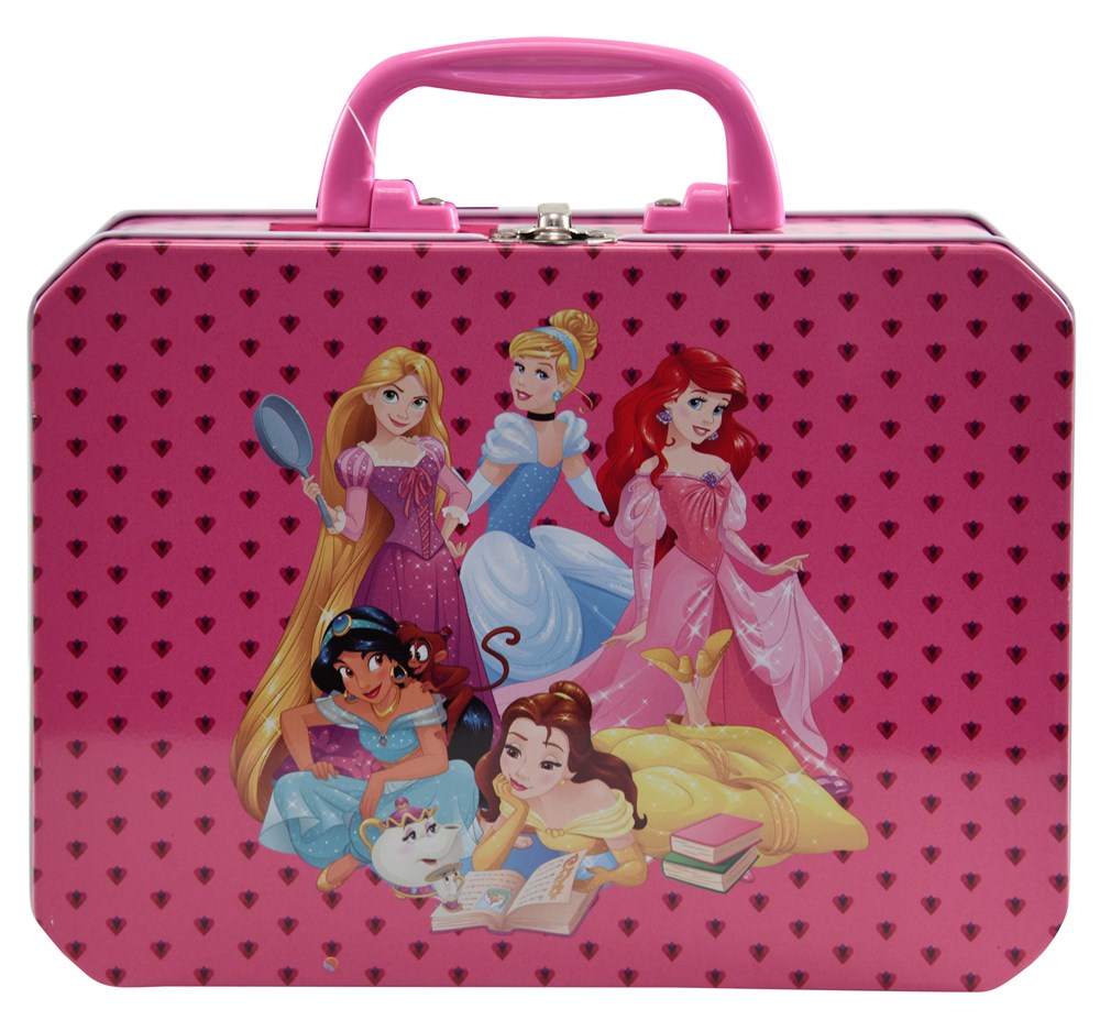 Pink rectangular tin box with heart pattern, featuring Disney princesses and a pink handle.