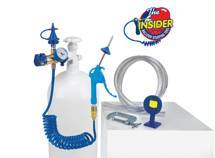 White plastic balloon stuffing tank with blue valve, blue coiled hose, white inflation wand, gray 10ft extension hose, and.