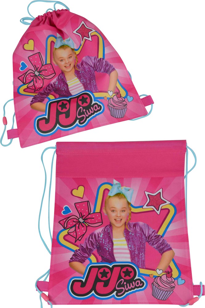 Pink non-woven sling bag with blue drawstrings featuring JoJo Siwa graphic, stars, and rainbow design.