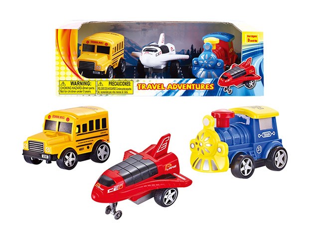 Yellow toy school bus, red and black toy airplane, blue and yellow toy helicopter with propeller, all plastic friction.