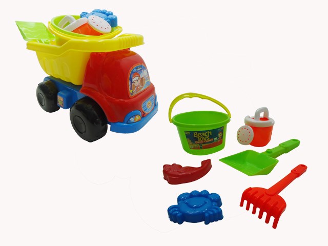 Bright yellow and red plastic dump truck with green bucket, red rake, green shovel, blue sand mold, and small watering can.