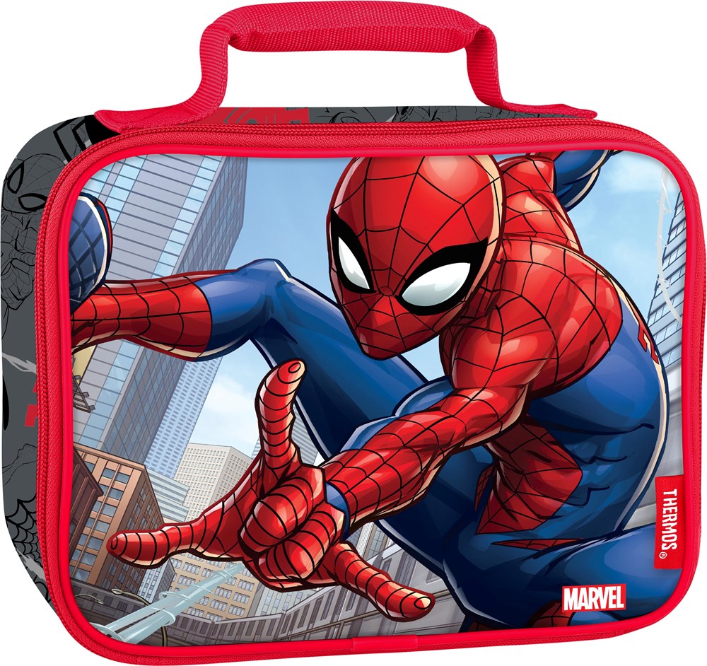 Red and blue rectangular lunch bag featuring Spider-Man swinging between skyscrapers with a red handle and zipper.