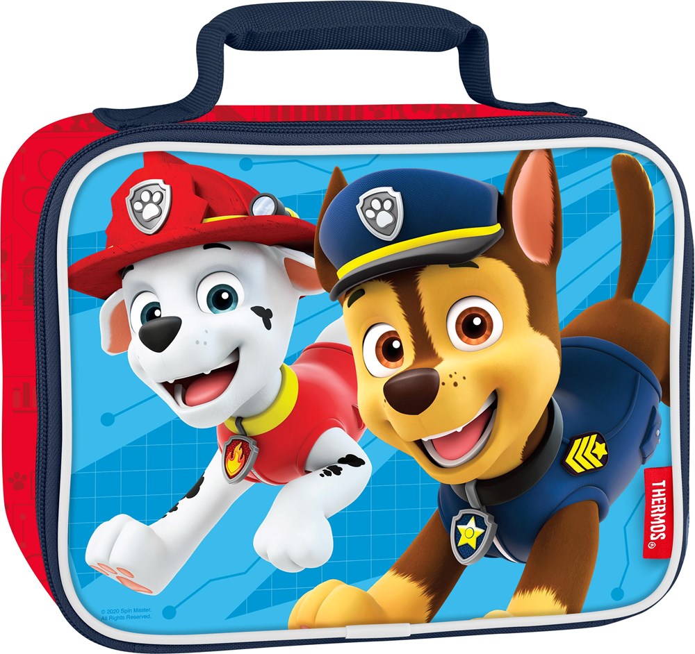 Rectangular Paw Patrol lunch bag with red sides, blue handle, and front featuring Marshall and Chase characters on a blue.