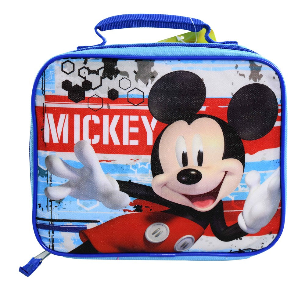 Square blue lunch bag with a zip closure, featuring Mickey Mouse in red shorts against a background of red, white, and blue.