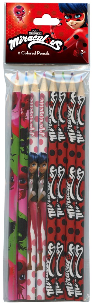 8-pack colored pencils with black and red Miraculous Ladybug themed barrels and colorful tips in original packaging.