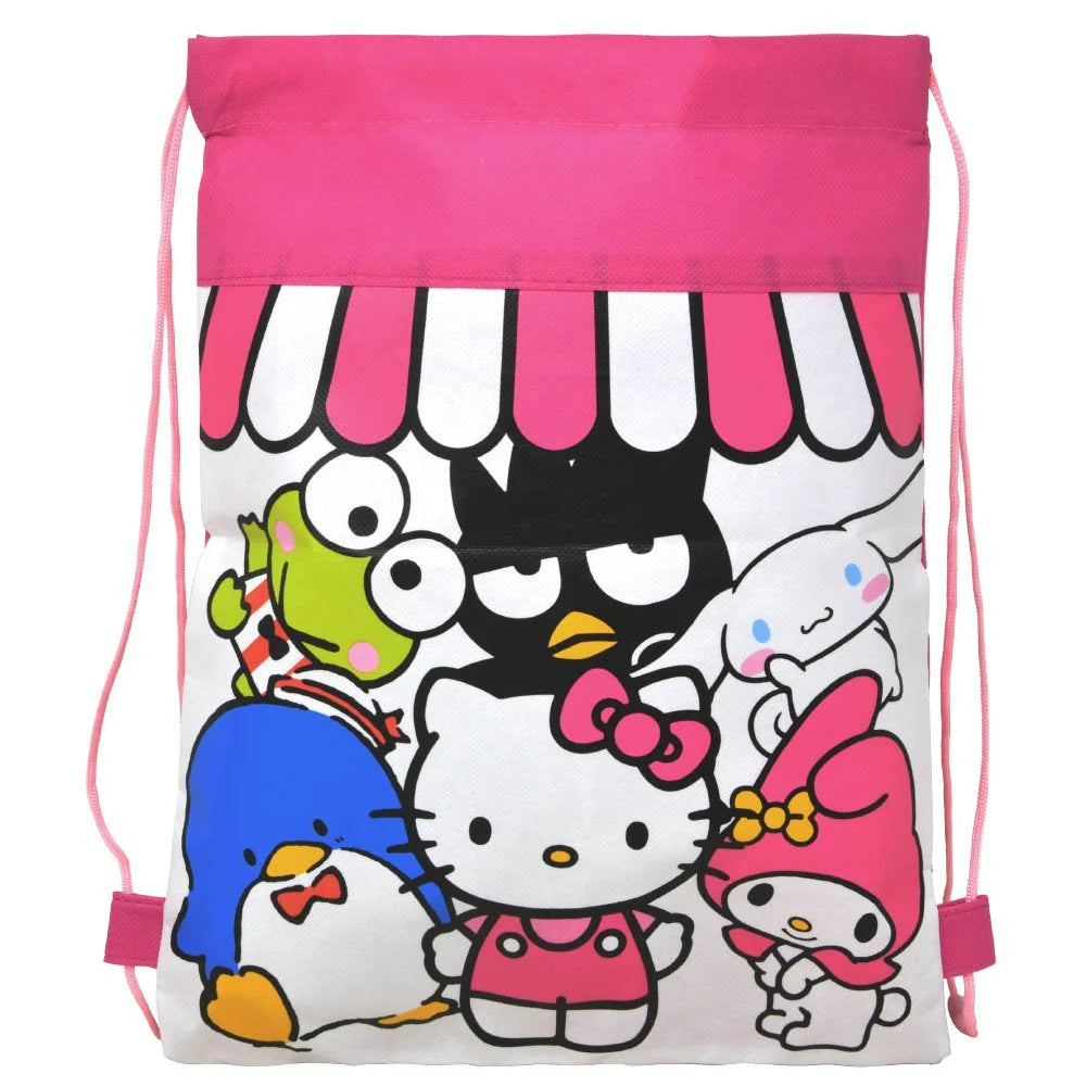 Pink and white Hello Kitty sling bag with cartoon characters and pink drawstring straps.