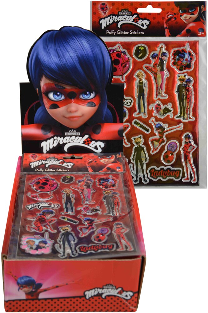 Miraculous Ladybug glitter puffy stickers sheet featuring red, black, and gold character designs with raised texture.