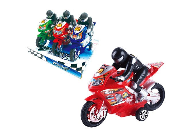 Red plastic toy motorcycle with black rider figure and small rear training wheels.