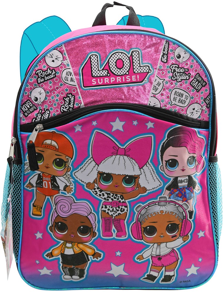 Pink LOL Surprise backpack with cartoon dolls, blue straps, front zip pocket, 16-inch size.
