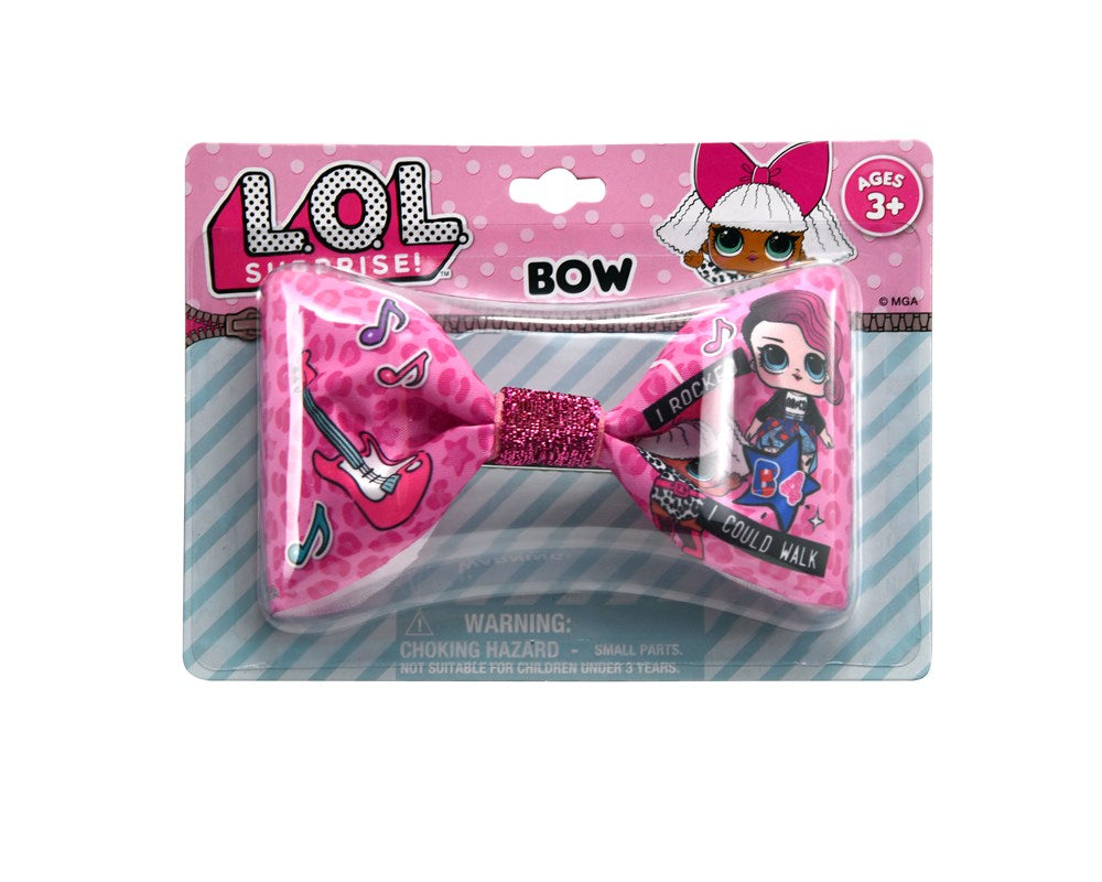 Pink satin hair bow with shiny finish, featuring colorful LOL Surprise character prints and glitter accents, packaged on a.