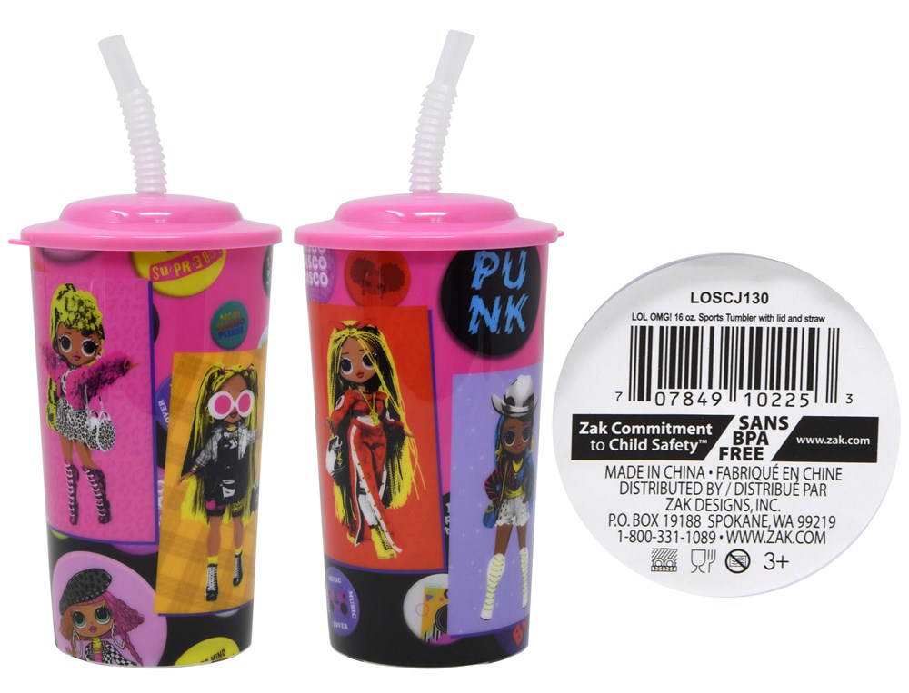 Bright pink 16oz plastic sports tumbler with lid and flexible straw, featuring colorful LOL Surprise doll graphics and.