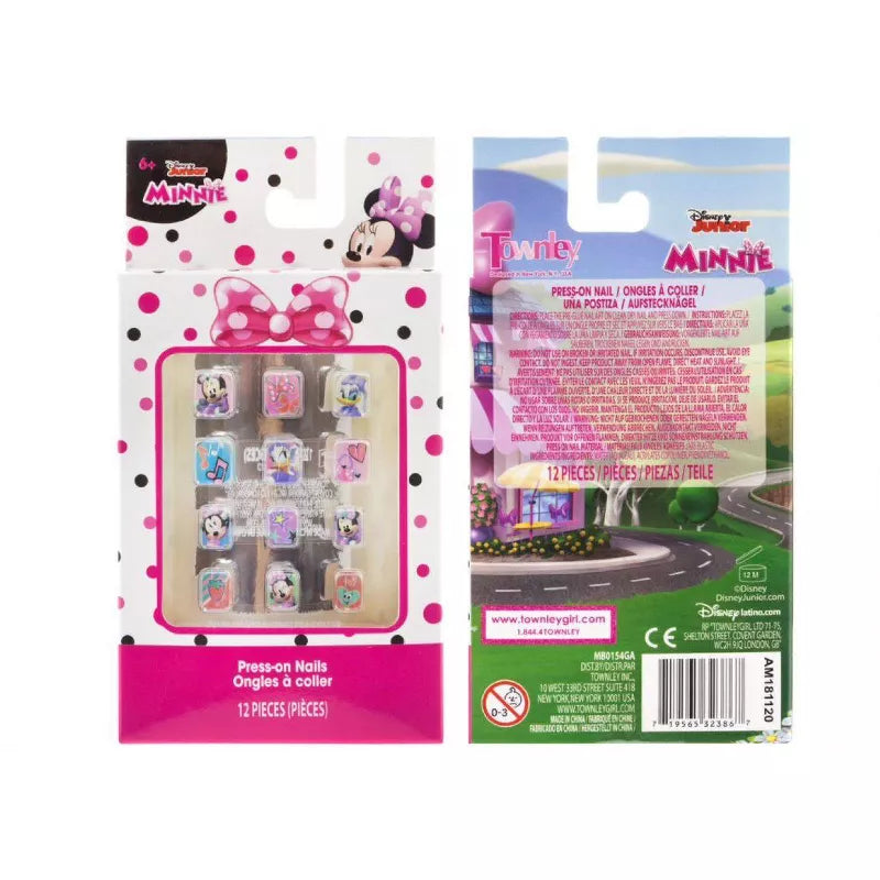 Set of 12 plastic press-on nails featuring pink and purple Minnie Mouse designs in clear packaging with pink polka dot.