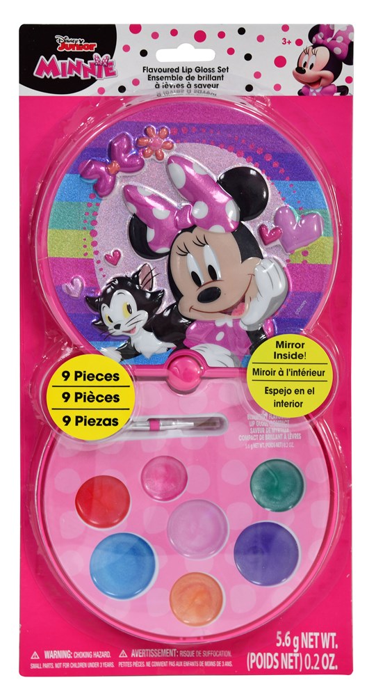 Round pink Minnie Mouse-themed lip gloss compact with nine colorful glosses inside on a white card with polka dots and.