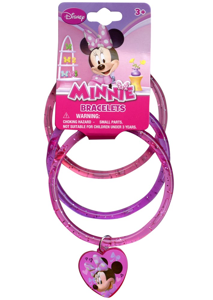 Set of three pink glittery bangle bracelets with a pink Minnie Mouse heart charm on one bangle.