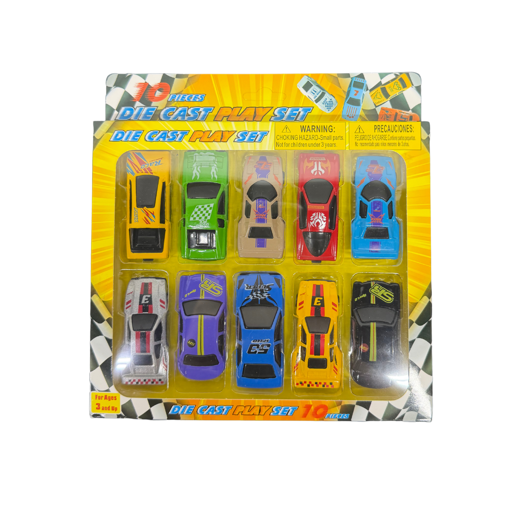 Ten-piece diecast car set with various colors including yellow, green, pink, red, blue, silver, and black in racing styles.