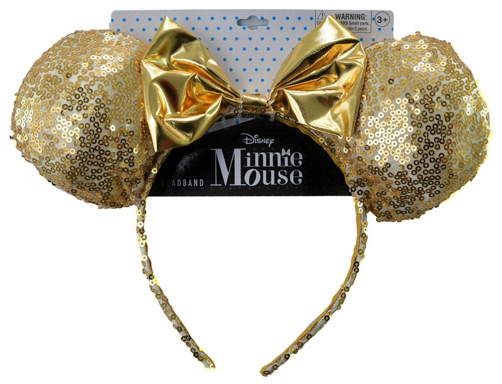 Gold sequin Minnie Mouse ears headband with shiny metallic gold bow and covered band.