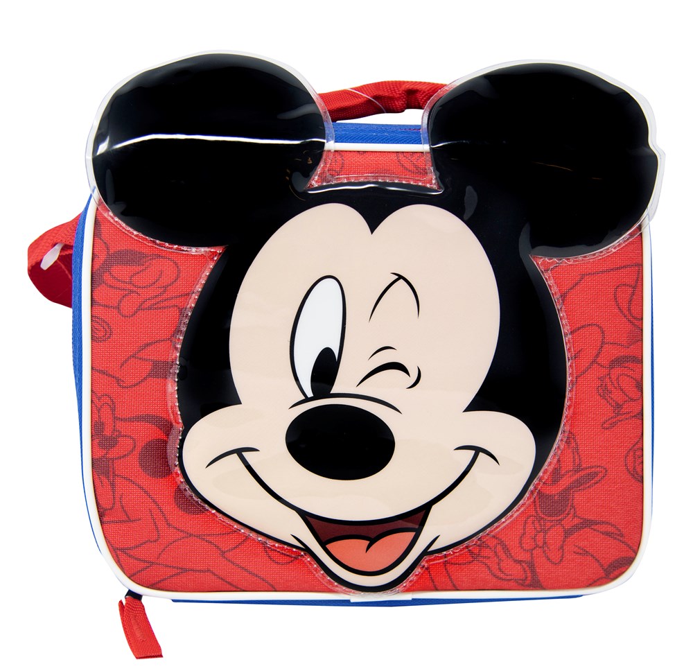 Red rectangular lunch bag with large winking Mickey Mouse face and black ears on top.