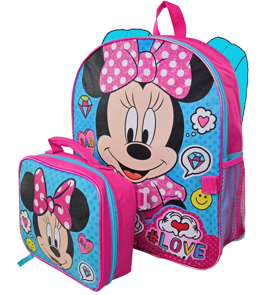 Blue and pink 16-inch backpack with Minnie Mouse face, pink polka dot bow, and matching lunch bag featuring Minnie and.