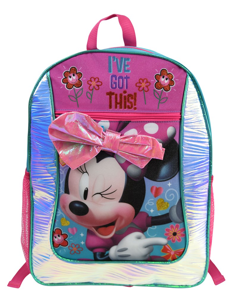 Pink and iridescent backpack with winking Minnie Mouse, foil pink bow, and "I've Got This" text.
