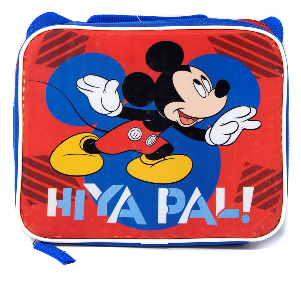 Red rectangular lunch bag with blue trim featuring Mickey Mouse in yellow shoes and white gloves, with "HIYA PAL!" text in.