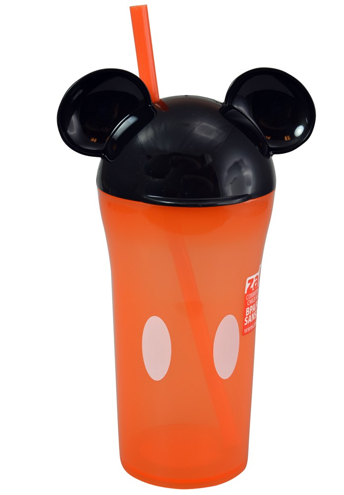Orange plastic tumbler with black Mickey Mouse ear-shaped lid and red straw.