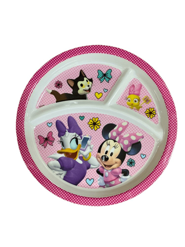 Round pink plastic plate with three sections featuring Minnie Mouse, Daisy Duck, and colorful butterflies.