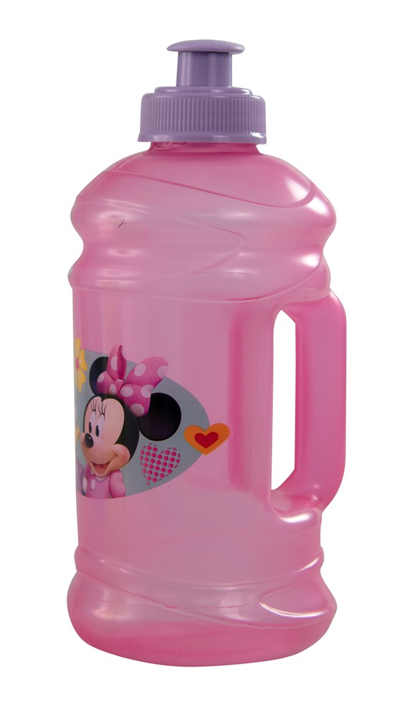 Pink plastic water jug with built-in handle, purple flip-top lid, and Minnie Mouse graphic.