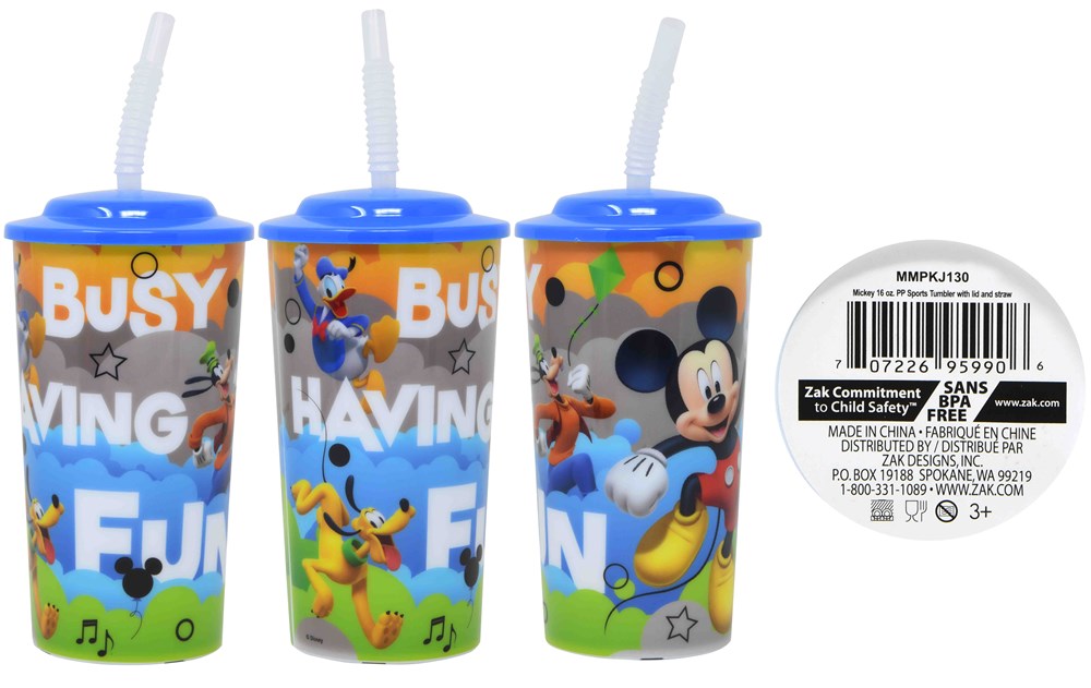 16 oz clear plastic sports tumbler with blue lid, white straw, and colorful Mickey Mouse and friends design.