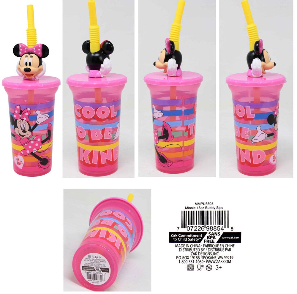 Pink 15oz plastic Minnie Mouse sippy cup with yellow straw and colorful Minnie graphics.