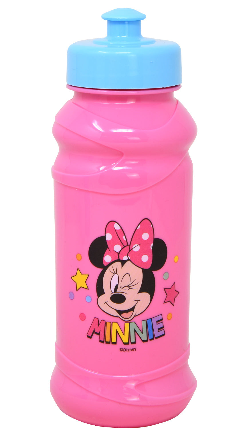 Pink plastic water bottle with blue pull-top lid, featuring Minnie Mouse with a pink polka dot bow and colorful stars.