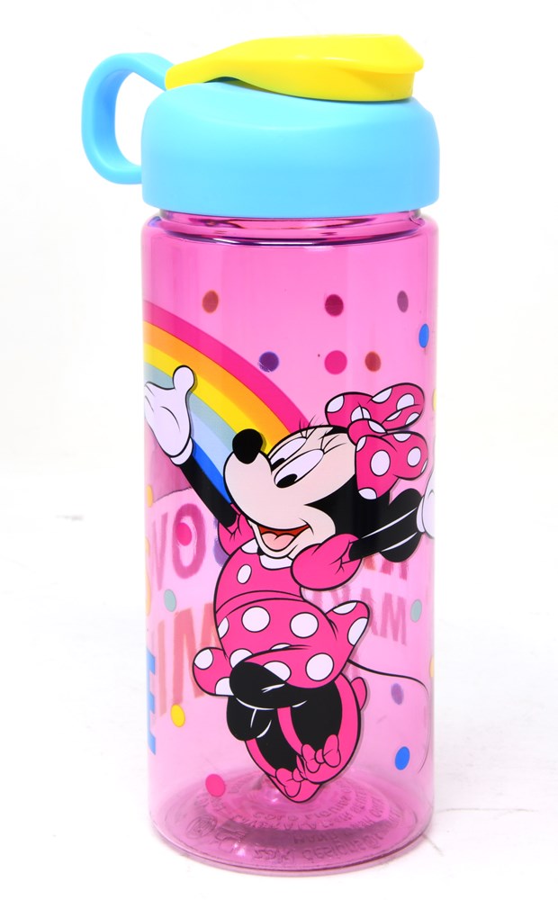 Pink translucent water bottle with blue lid, yellow flip cap, and Minnie Mouse wearing a pink polka dot dress and bow design.