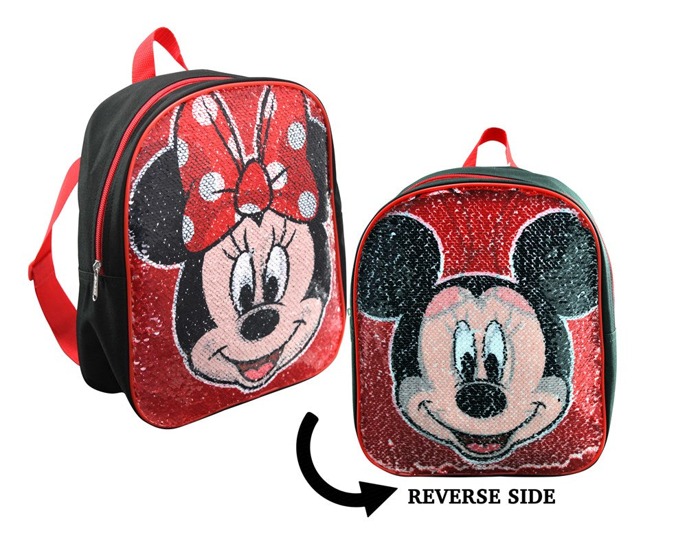 12-inch mini backpack with red and black reversible sequins featuring Minnie Mouse with a polka dot bow and Mickey Mouse.