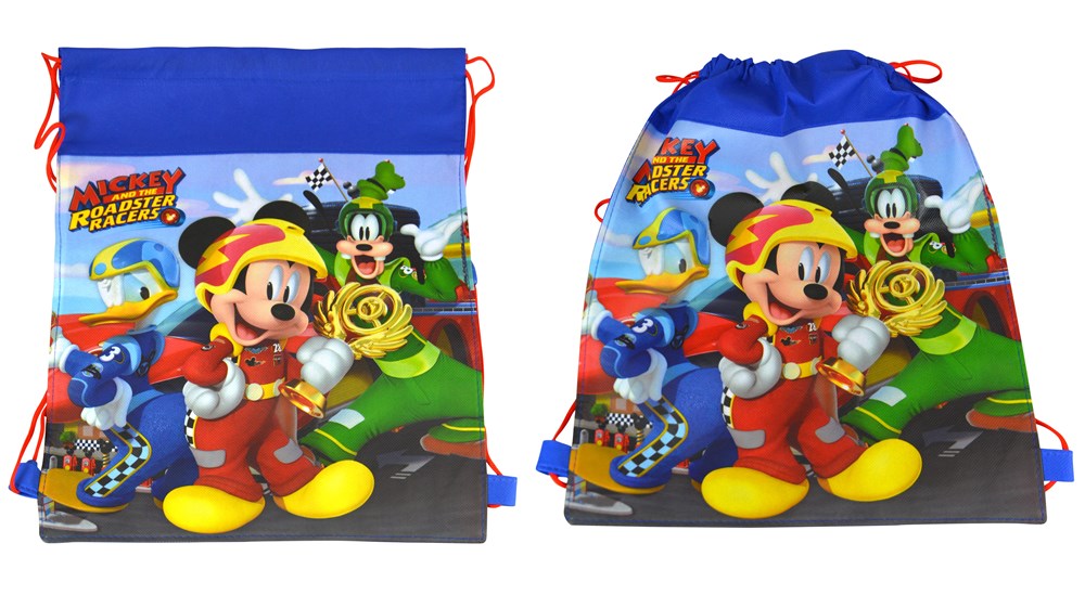 Blue non-woven drawstring sling bag with Mickey Mouse and friends colorful print, red drawstrings, and Disney logo.