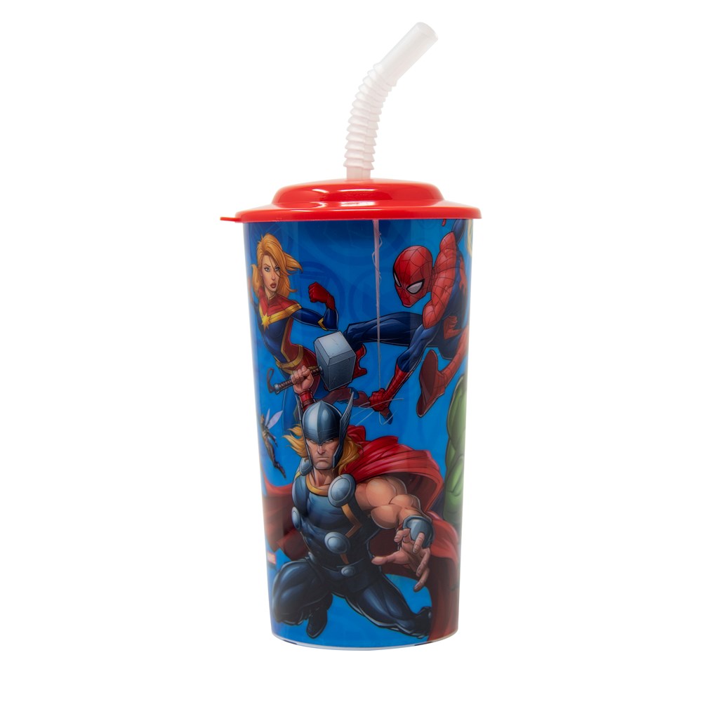 16oz sports tumbler with red lid, white bendable straw, and Avengers characters print including Thor and Spider-Man.