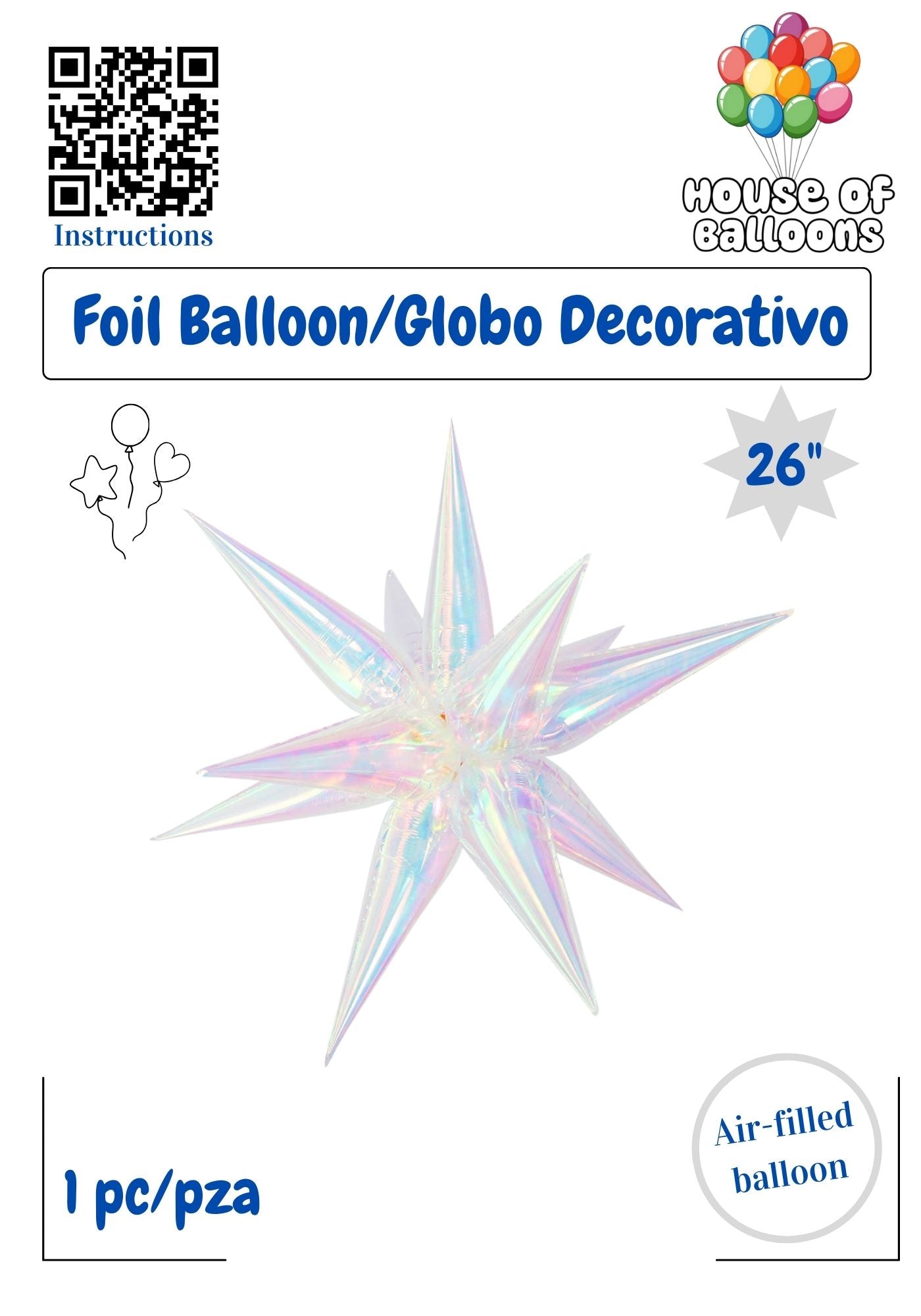 House of Balloons Star Burst Mother of Pearl White Iridescent 26 inch Foil Balloon 1ct