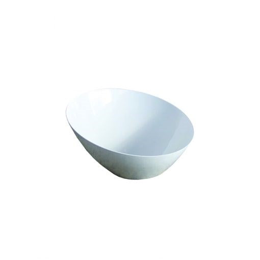 White ceramic bowl with an angled, asymmetrical rim holding 8oz capacity.