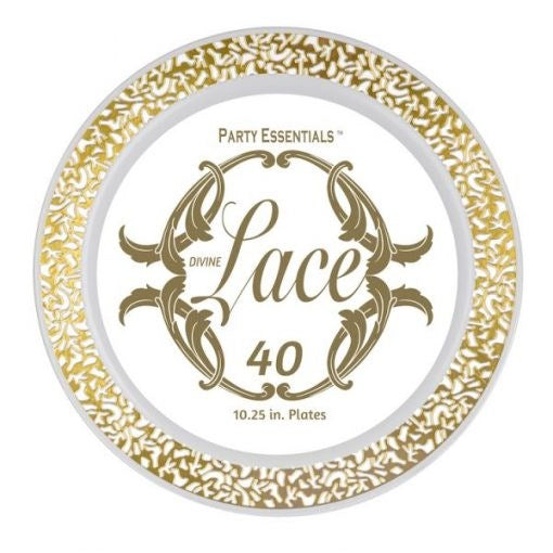 White paper plate with intricate gold lace pattern border and gold text reading "Lace 40" in center.