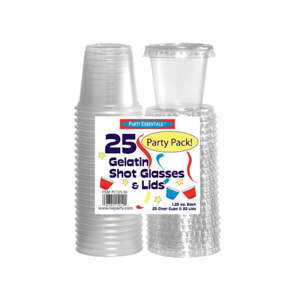 Clear plastic 1.25oz gelatin shot glasses with matching clear lids, stackable set of 25 each.