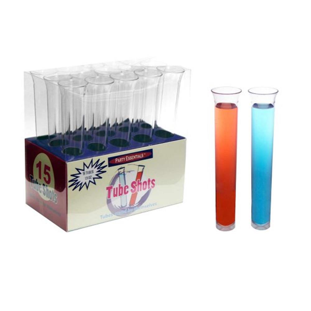 Set of 15 clear plastic 1.5oz tube shot glasses with rounded tops, two shown filled with red and blue liquid.