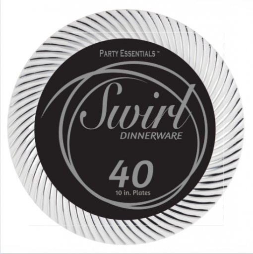 White 10-inch paper plate with a silver swirling border design, pack of 40.